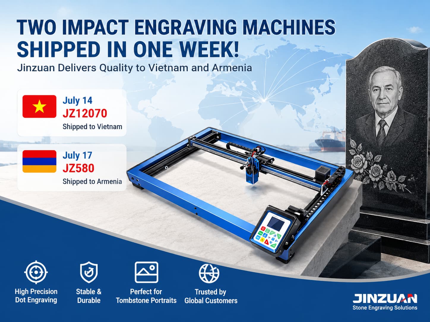 Stone Monument Production Upgrades: Jinzuan Delivers Two Impact Engraving Machines Overseas
